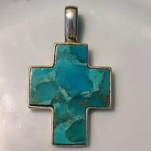 Sterling Silver 925 BARSE Large Real Genuine Turquoise Cross Pendant 2" Gemstone